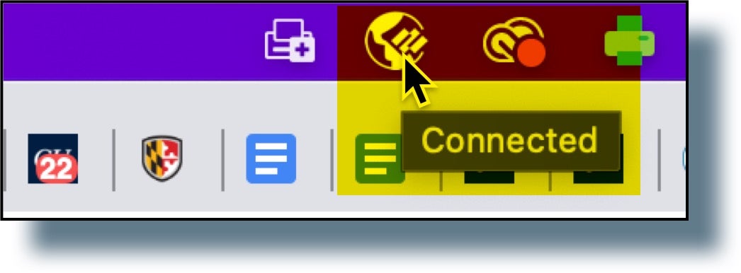 Mouse moving over globe-shaped icon showing the text 'Connected'.