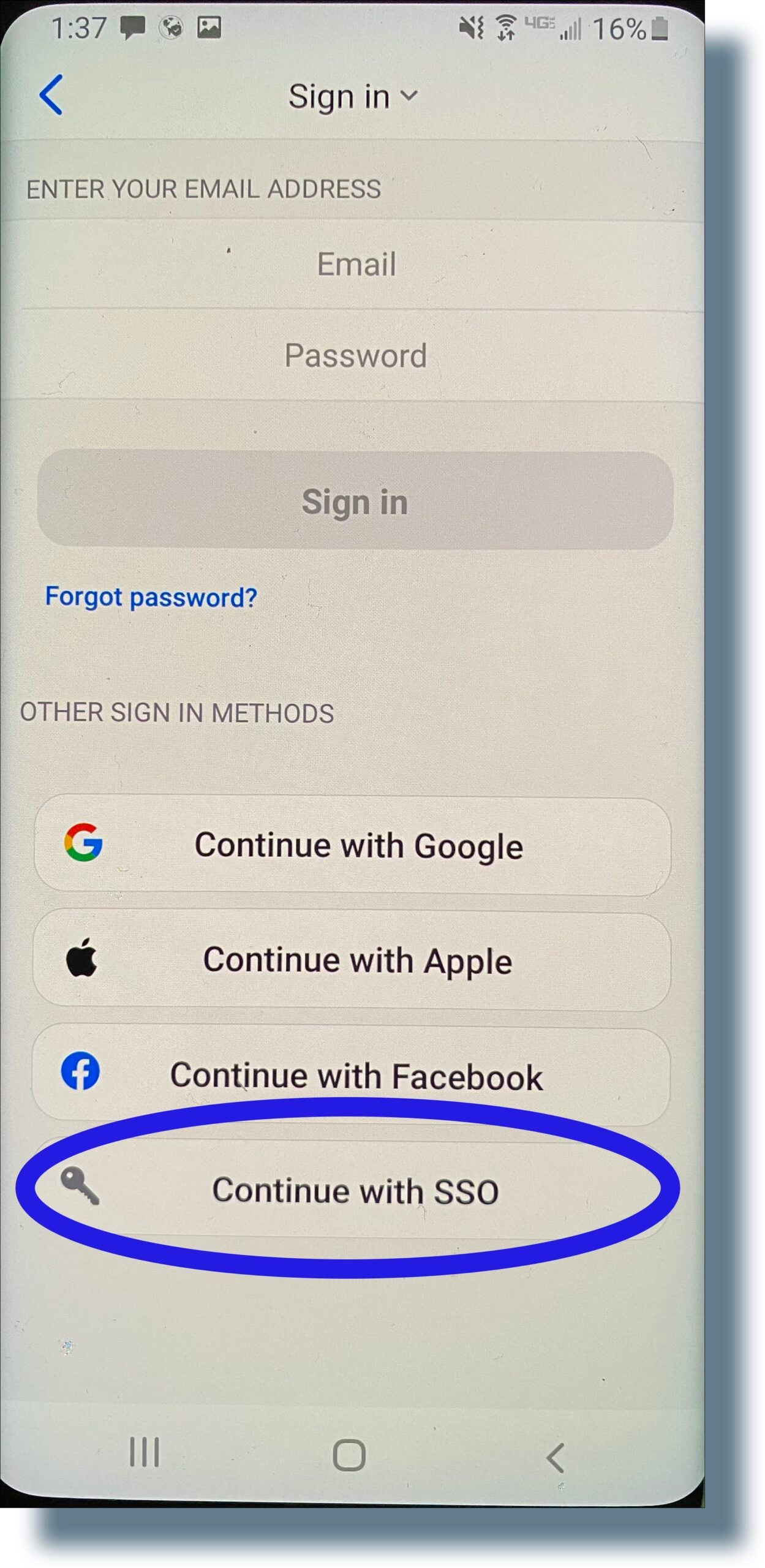 Tapping 'Continue with SSO' in Zoom Android app.