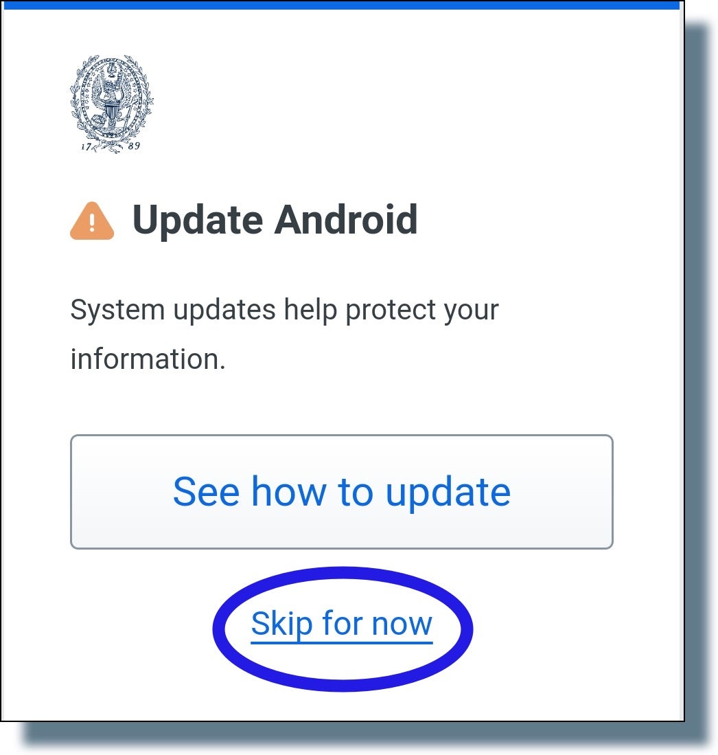 Tap 'Skip for now' for Android updates.